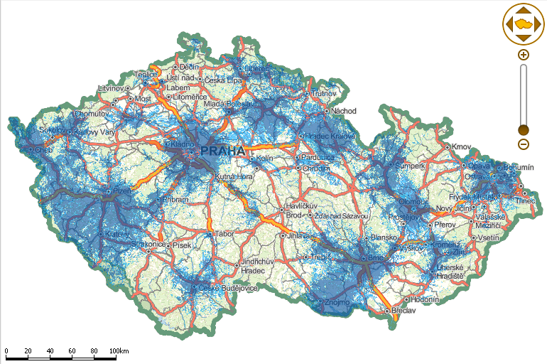 Mapa pokrytí Vodafone v pásmu 800 MHz (zdroj: ČTÚ)