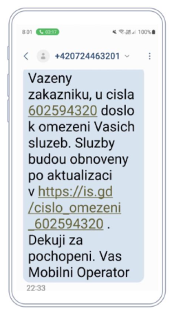 Ukázka podvodné SMS zprávy